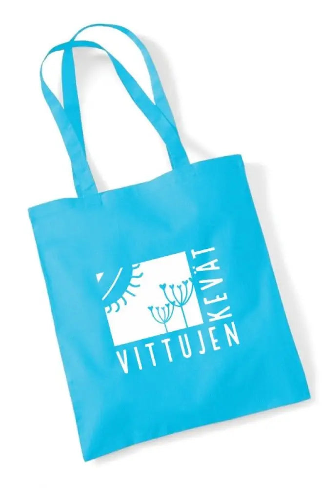 Sininen kangaskassi vittujen kevät logolla jossa aurinko ja kasvi painettuna valkoisella