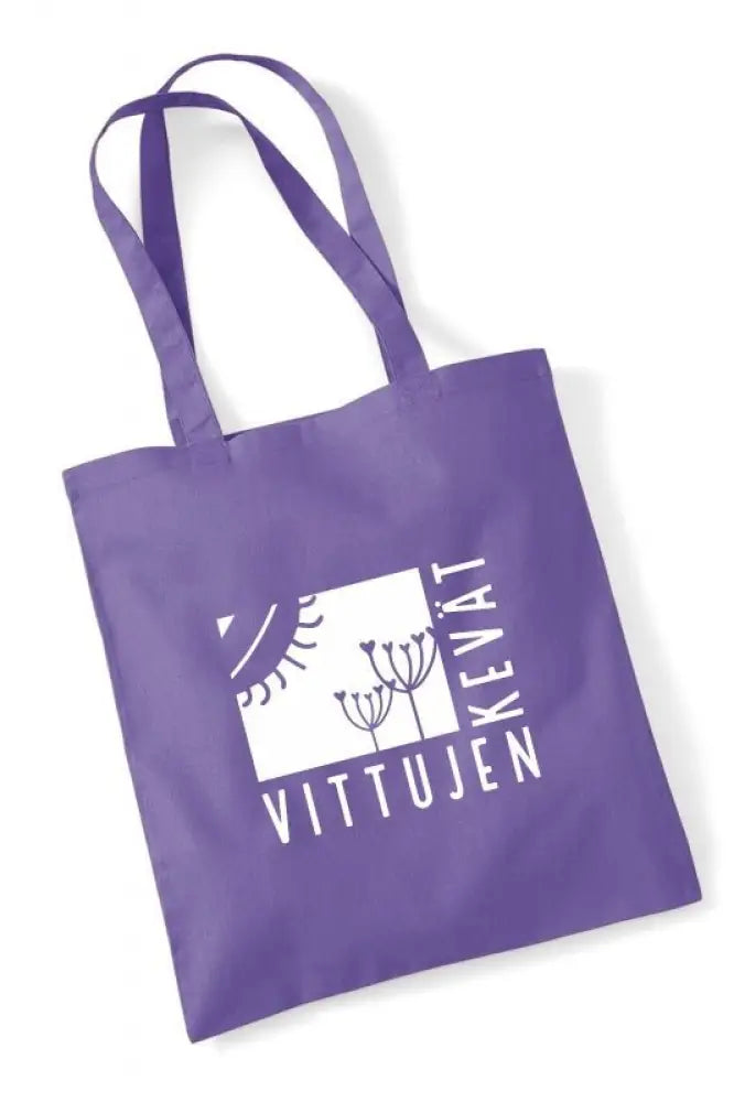 Violetti kangaskassi valkoisella vittujen kevät logolla ja tyylitellyillä kasviaiheisilla grafiikoilla