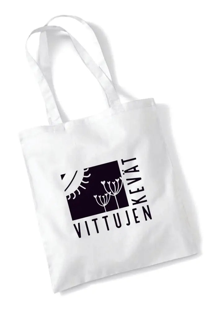 Valkoinen kangaskassi jossa musta vittujen kevät logo aurinko ja kasvi kuvituksella