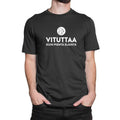 Musta unisex puuvillainen t-paita valkoisella tekstillä ja pyöreällä oravalogolla vituttaa kuin pientä eläintä