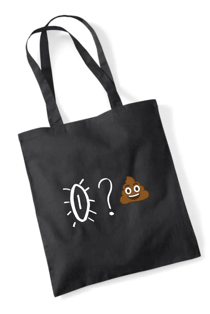 Mustavärinen kangaskassi valkoisella piirretyllä hehkulampulla ja ruskealla kakka-emoji kuvalla vmP by sari -kangaskassi