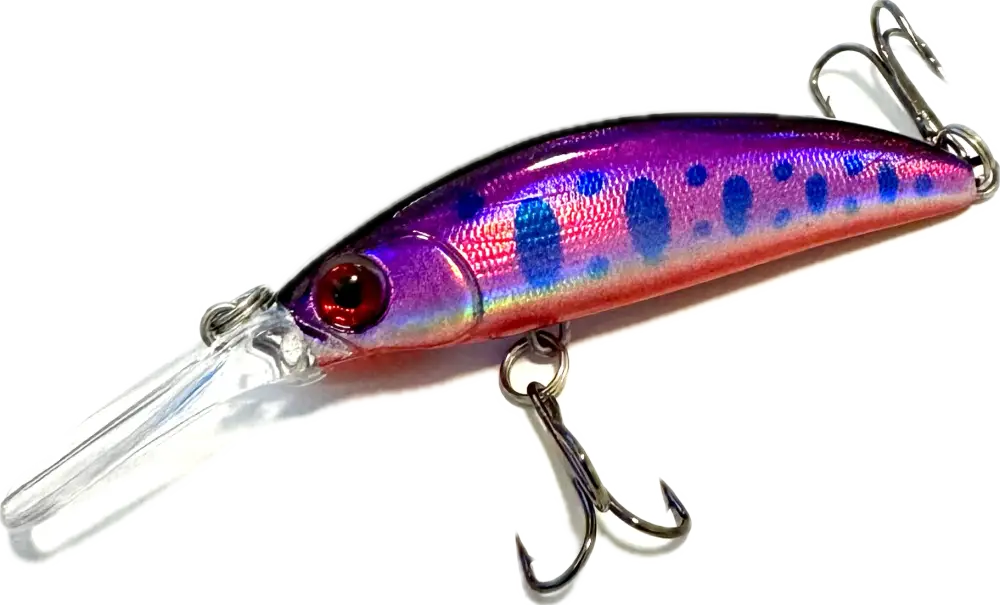 Wildpoint lilla 7cm 6g minnow-muotoinen kalastusviehe kirkkaalla muovipäällä ja sinisin täplin