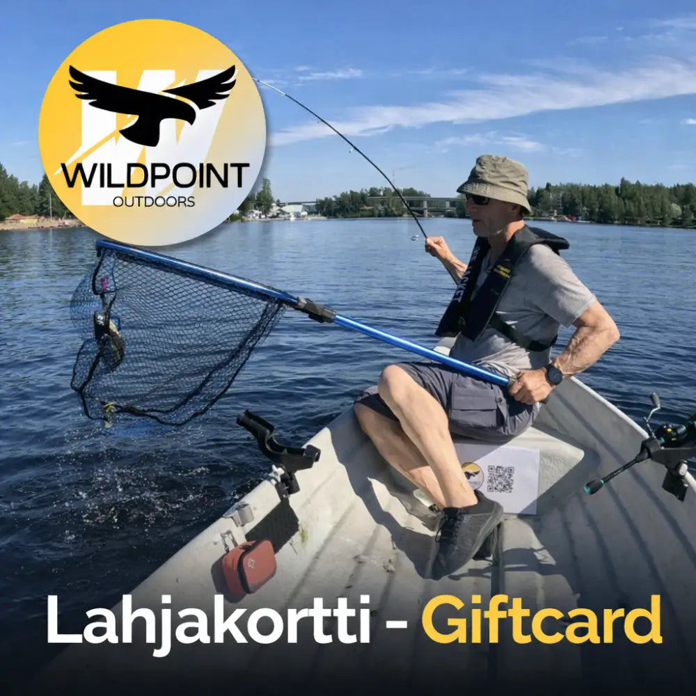 Blue kalastusväline wildpoint outdoors lahjakortti, mustalla kahvalla ja verkolla varustettu kalastusvapa