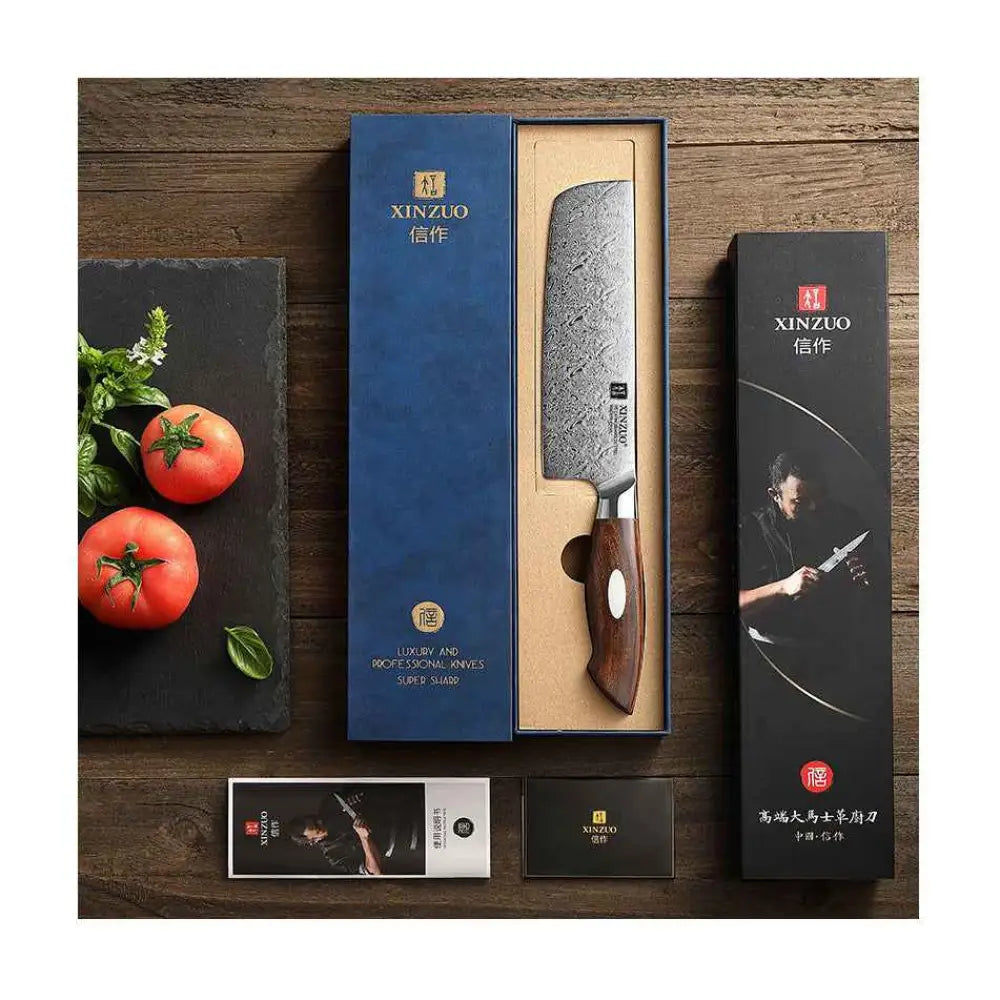 Xinzuo jiang damascus nakiriveitsi 18 cm kokkiveitsi tummalla puukahvalla ja sinisessä pakkauksessa