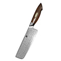 A sleek damascus steel chef’s knife xinzuo jiang damascus nakiriveitsi 18 cm with dark brown wooden handle and mizzen logo