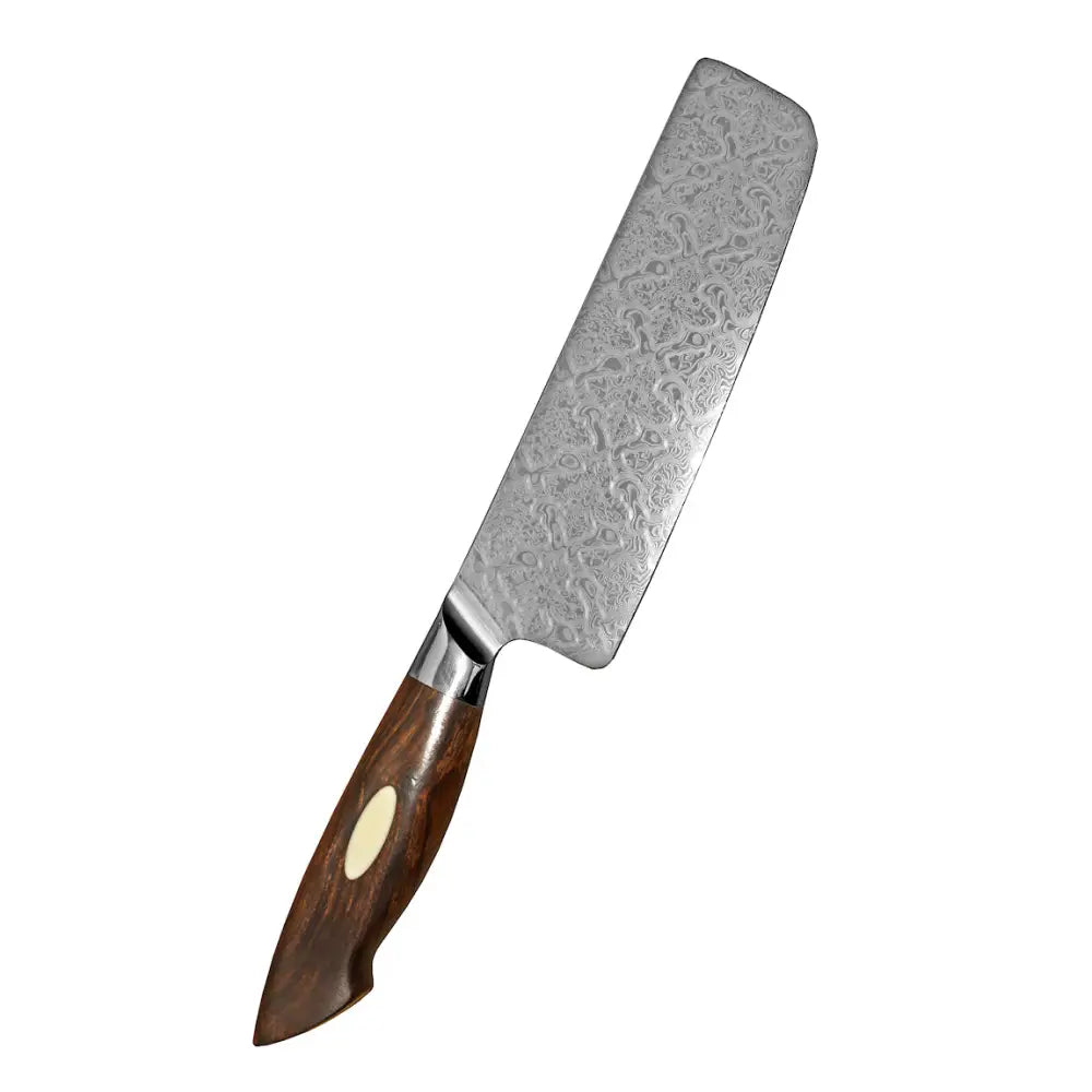 Xinzuo jiang damascus nakiriveitsi 18 cm, kiiltävä damascus-teräinen keittiöveitsi, tumma puukahva ja norsunluu sivuilla