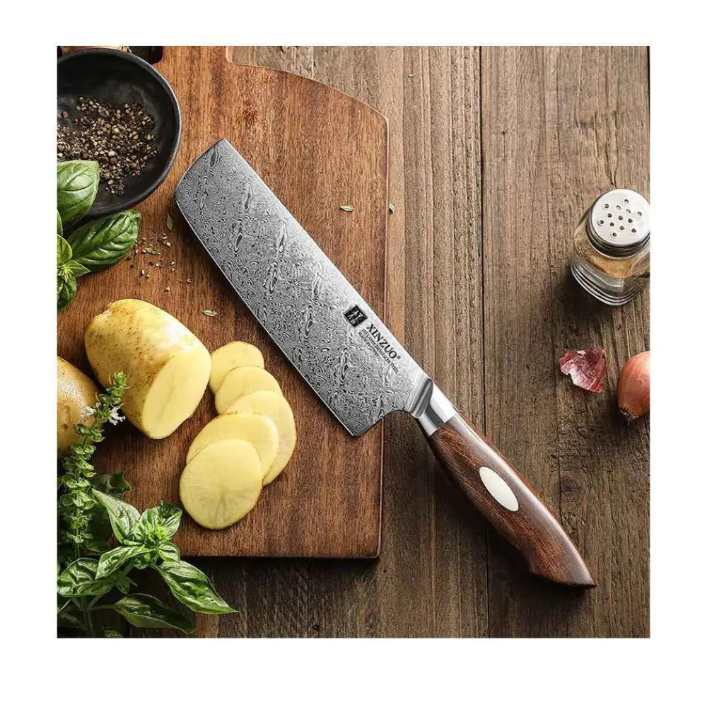 A sleek damascus steel santoku knife xinzuo jiang damascus nakiriveitsi with dark brown wooden handle and white inlay