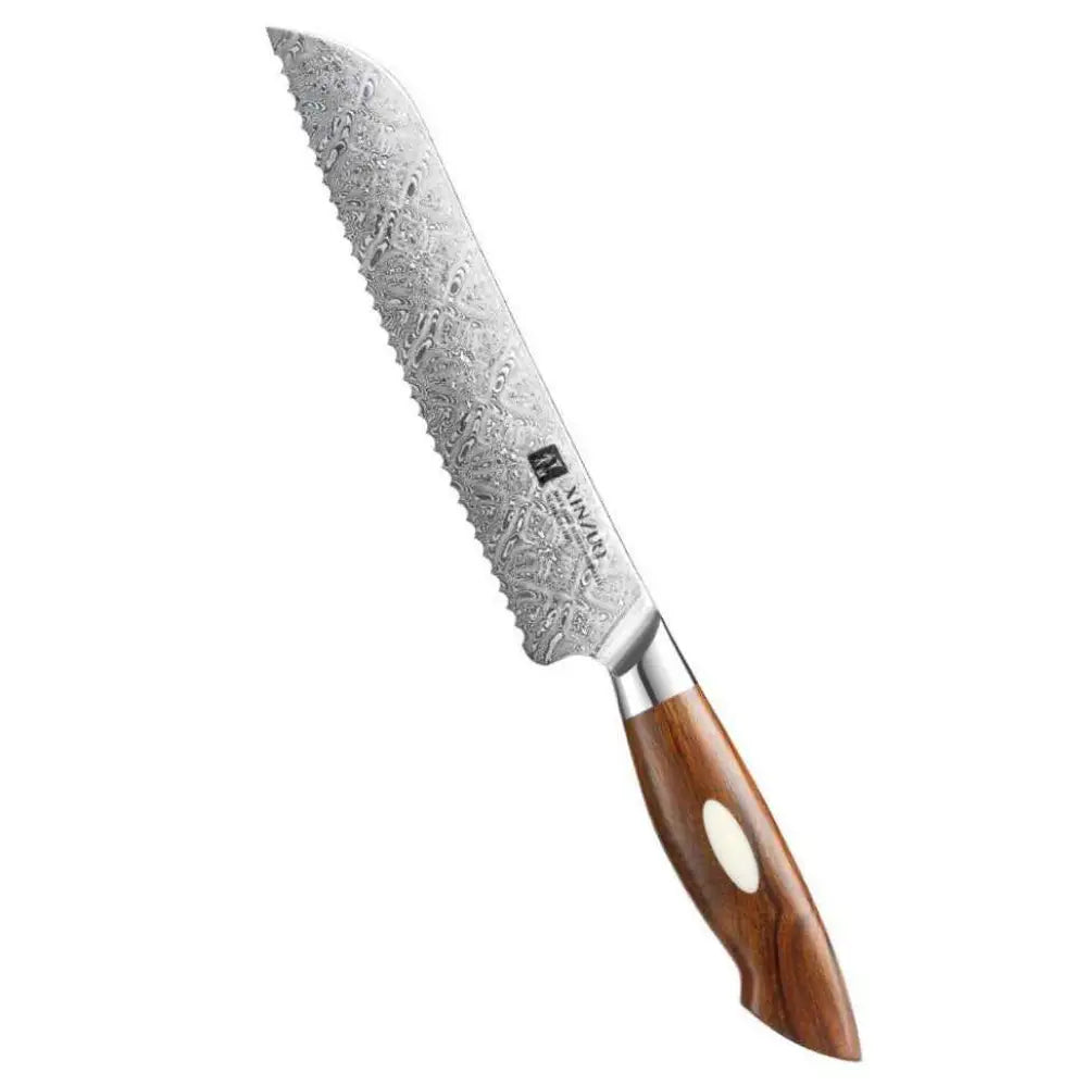 Xinzuo jiang damascus leipäveitsi 21 cm, tyylikäs damaskinteräinen sormileikkuuterä ruskealla puukahvalla ja norsunluukuvioinnilla