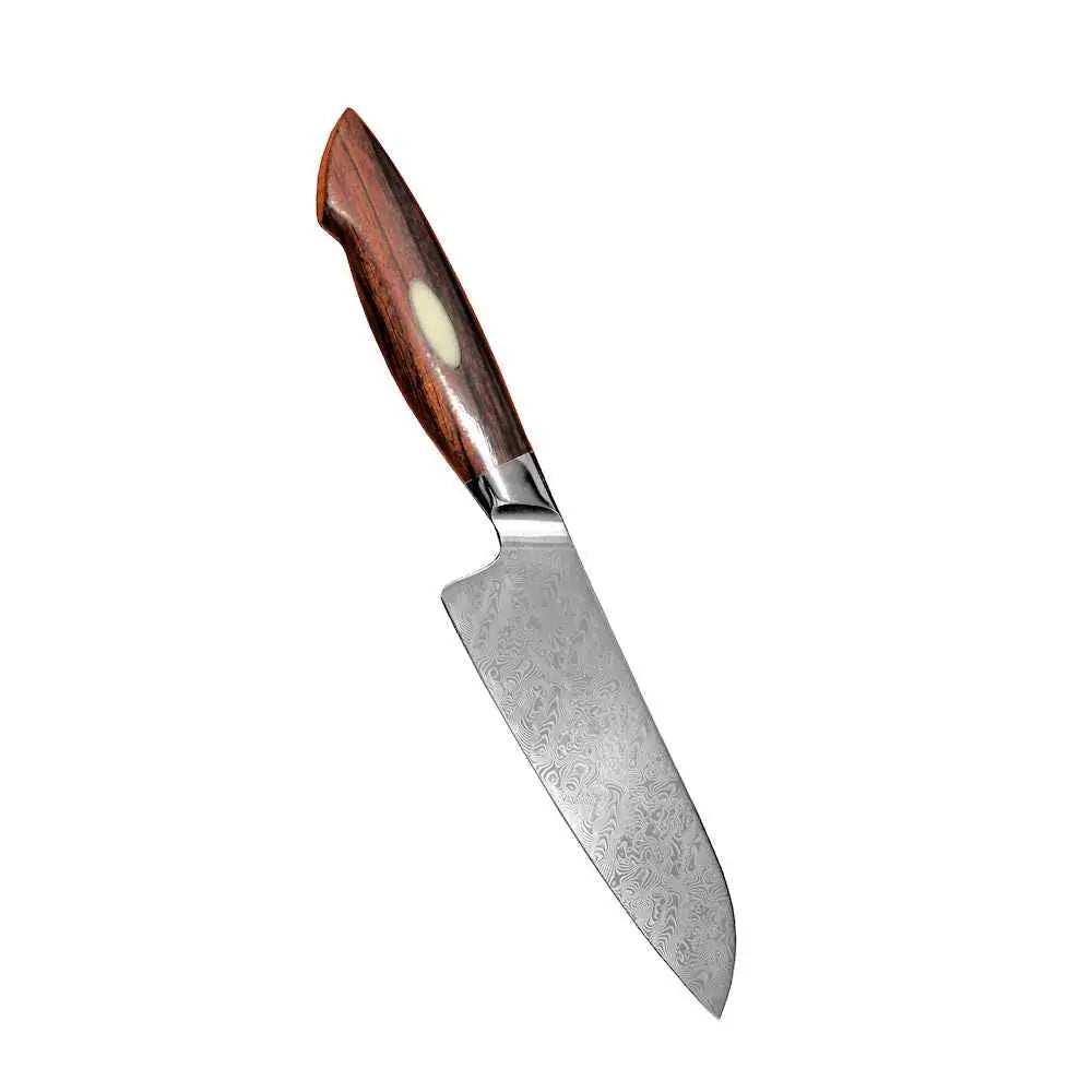 Xinzuo jiang damascus minisantokuveitsi 14 cm, terä damaskoterästä, kahva kiillotettua puuta norsunluu koristeella