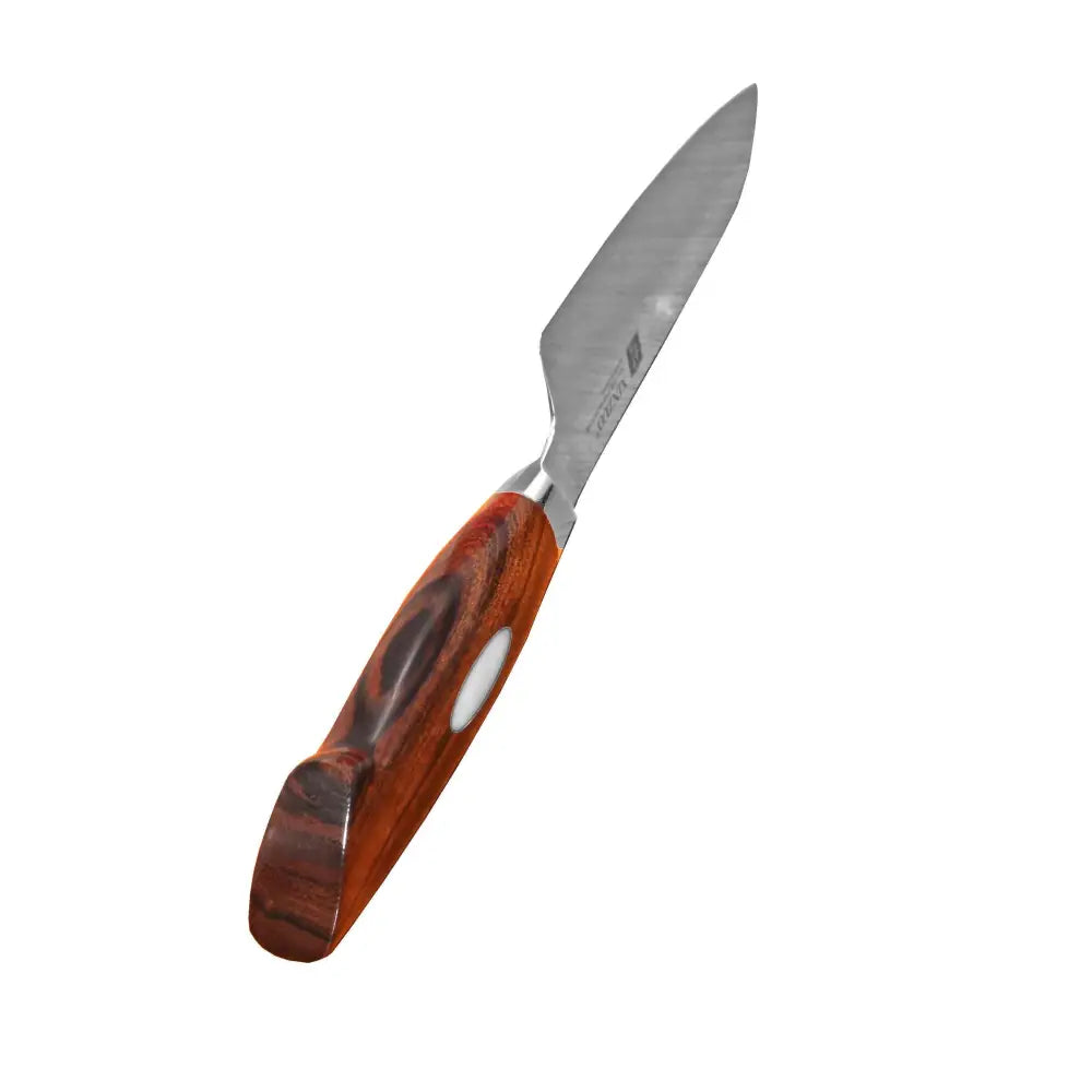 Xinzuo jiang damascus minisantokuveitsi 14 cm terävällä ruostumattomasta teräksestä valmistetulla terällä ja puukahvalla jossa valkoinen ovaali sisustus