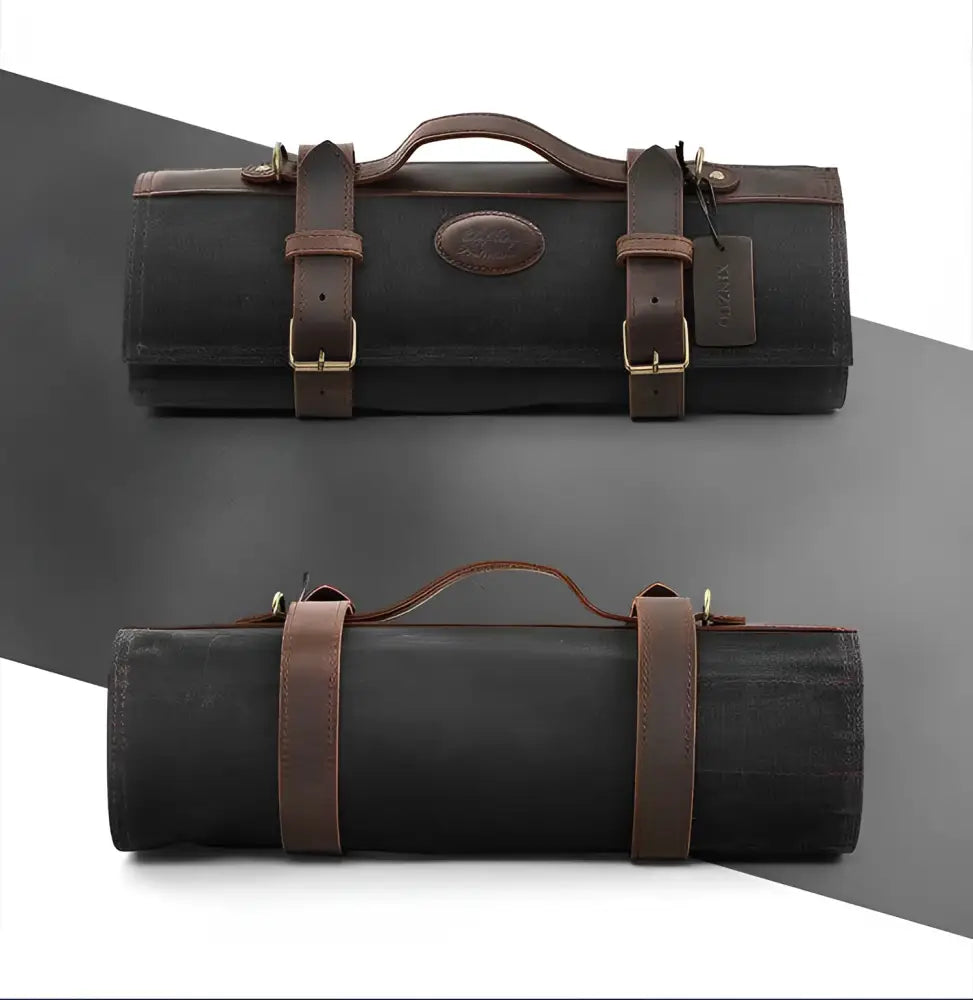 Dark gray canvas veitsilaukku 12 veitsipaikalla ja ruskeilla nahkahihnoilla ja kahvoilla olkahihnalla