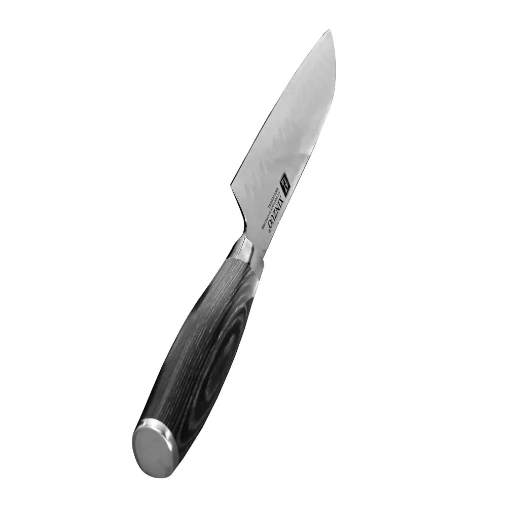 A sleek stainless steel xinzuo ya damascus santokuveitsi with a dark wood-patterned handle and silver bolster 18 cm