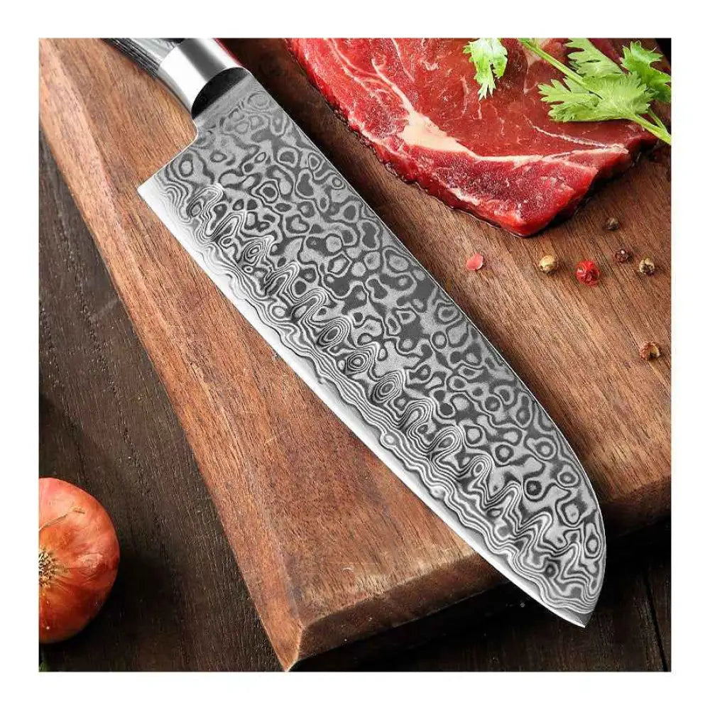 Xinzuo ya damascus santokuveitsi 18 cm tummalla aaltokuviolla ja kiillotetulla ruostumattomalla teräskahvalla
