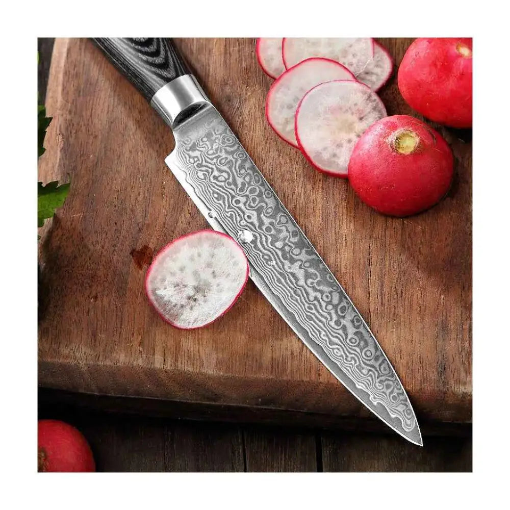 Sleek xinzuo ya damascus vihannes- ja hedelmäveitsi 13 cm mustalla kuvioidulla kahvalla ja viipaloiduilla retiiseillä