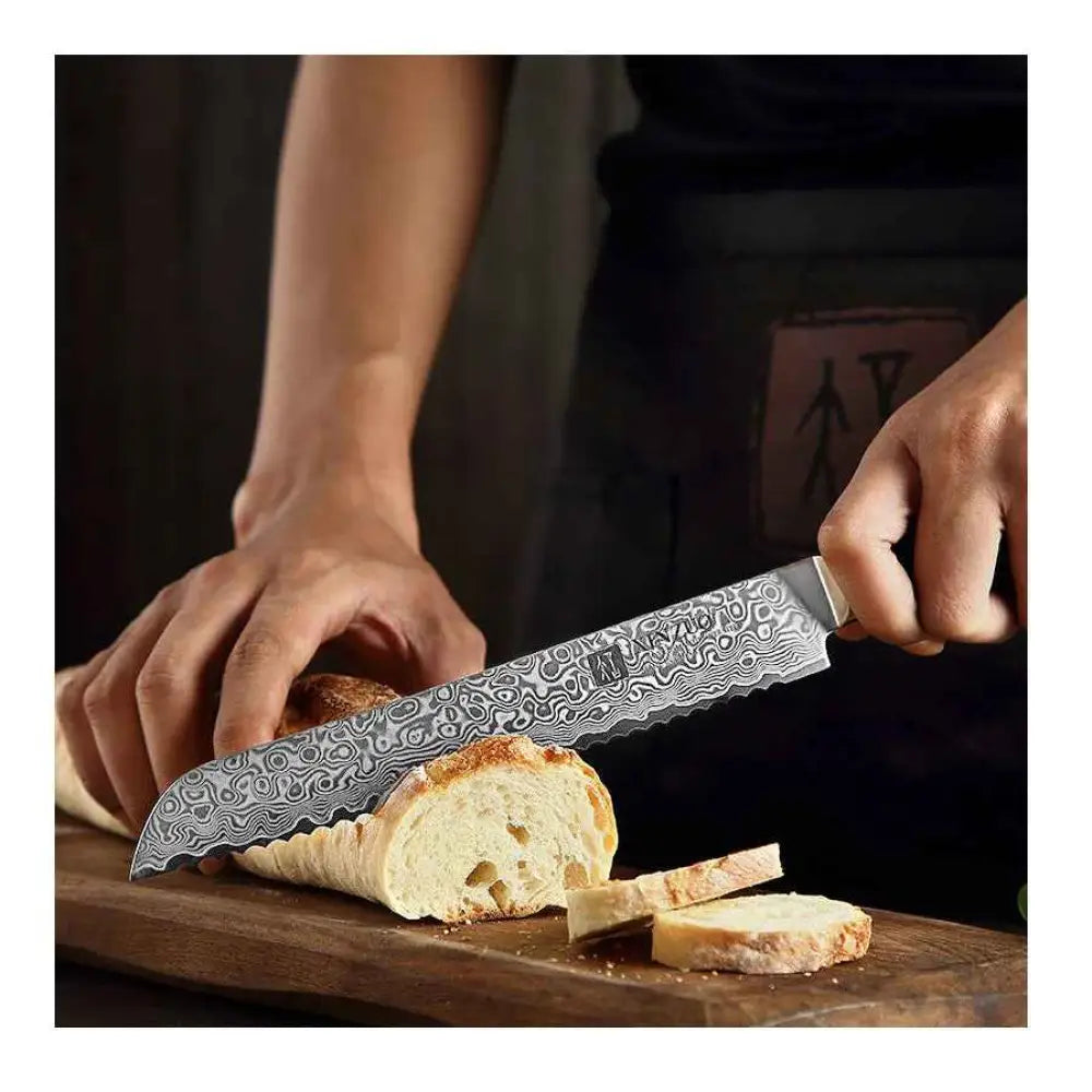 Xinzuo ya leipäveitsi 20 cm damask teräksinen aaltoilevalla kuvioidulla terällä ja kiiltävällä kahvalla