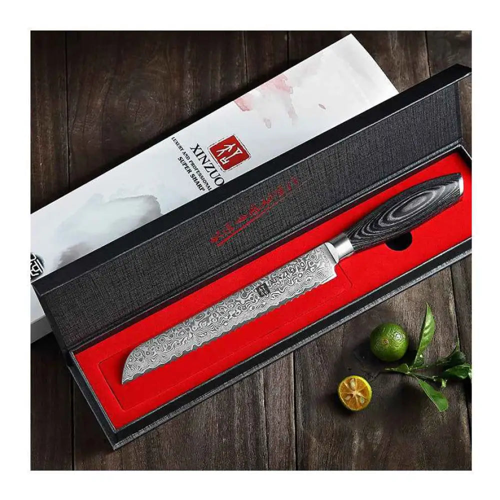 Xinzuo ya leipäveitsi 20 cm damaskiteräksinen kokkiveitsi mustalla puukuvioidulla kahvalla
